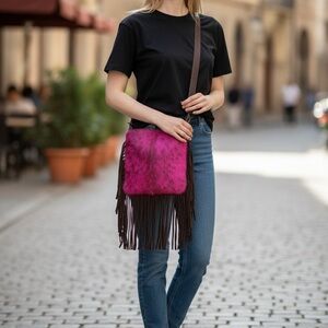 American Darling Fushia Hair on Cowhide Fringe Crossbody -Made in the USA